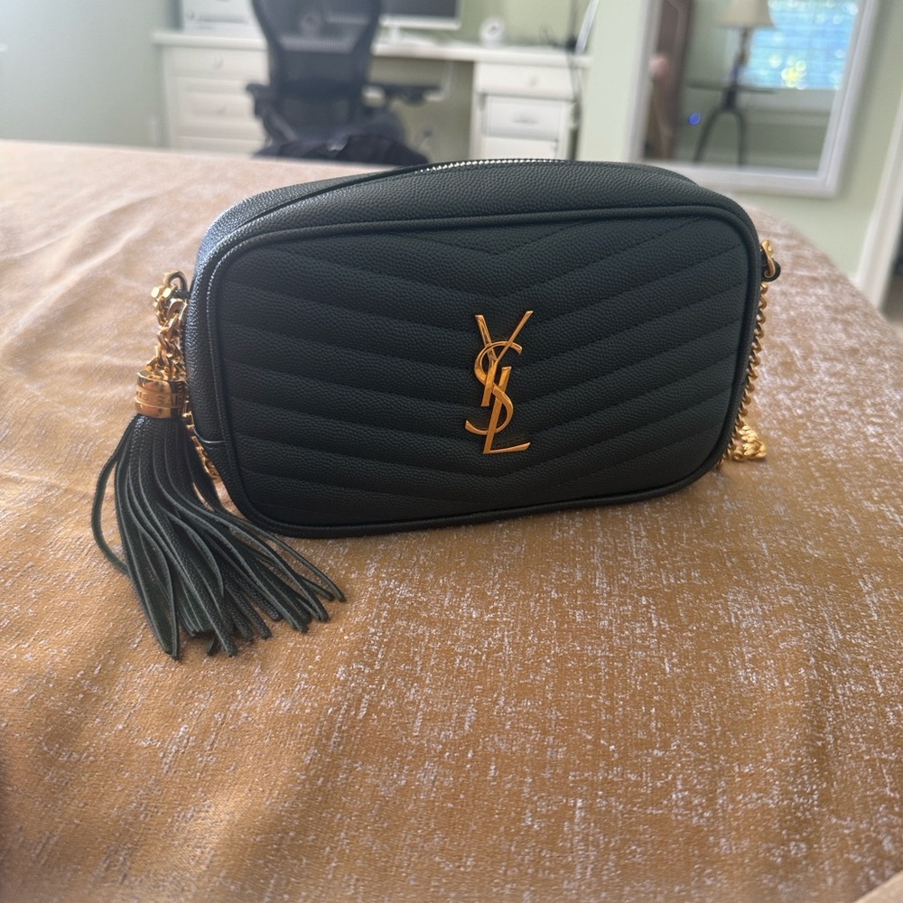 NEW authentic Saint Laurent "Lou" crossbody camera bag in dark green and gold